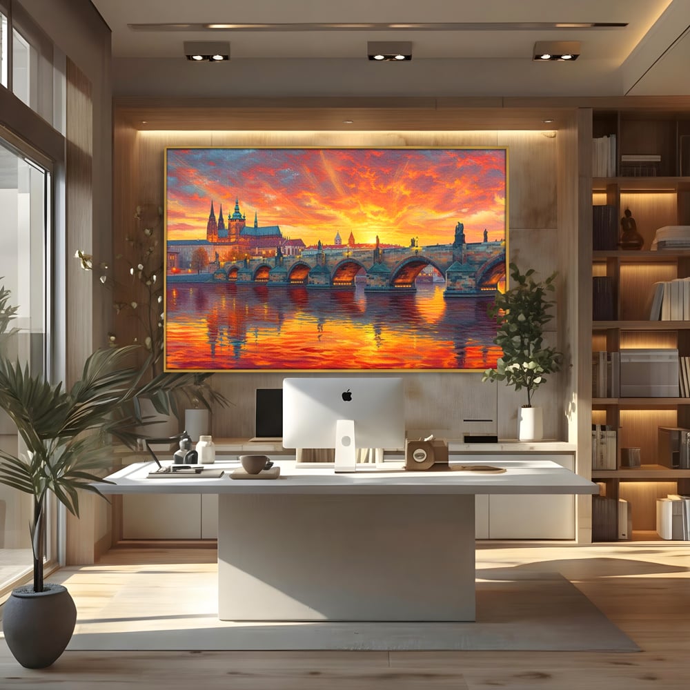 Tablou canvas cu tablou canvas cu apus de asfintit peste praga, in rama de aluminiu auriu, pe perete intr-un birou